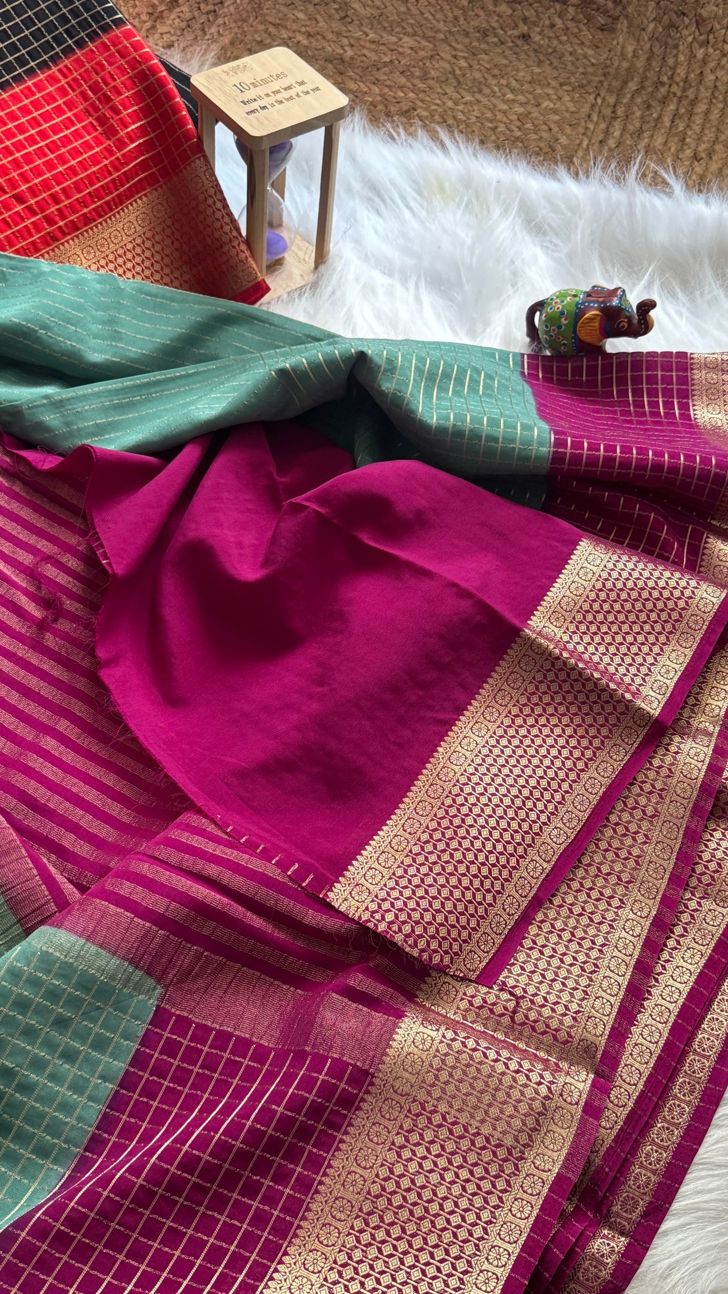 Semi Mysore Silk Saree - Checks and Stripes - Sea Green and Maroon