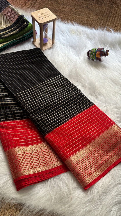 Semi Mysore Silk Saree - Checks and Stripes - Black and Red