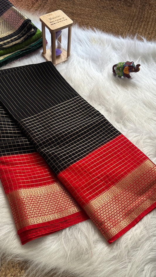 Semi Mysore Silk Saree - Checks and Stripes - Black and Red