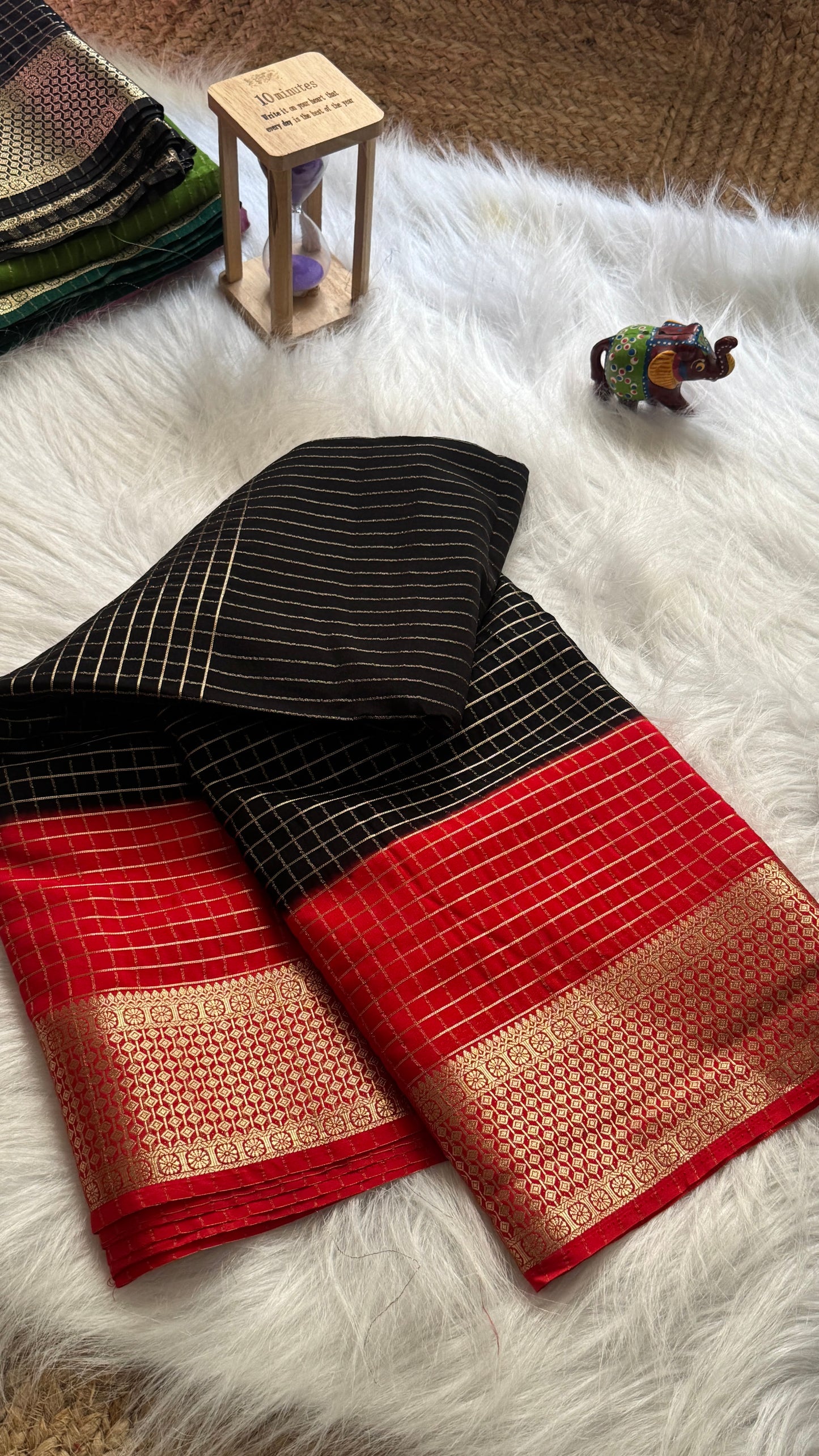 Semi Mysore Silk Saree - Checks and Stripes - Black and Red