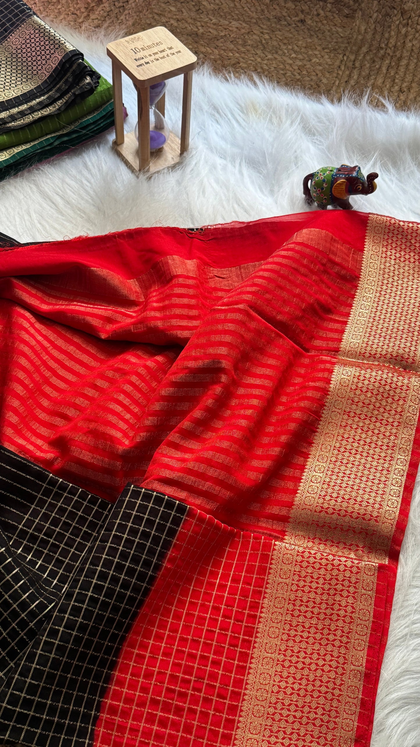 Semi Mysore Silk Saree - Checks and Stripes - Black and Red