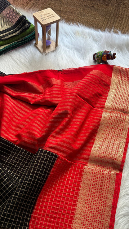 Semi Mysore Silk Saree - Checks and Stripes - Black and Red