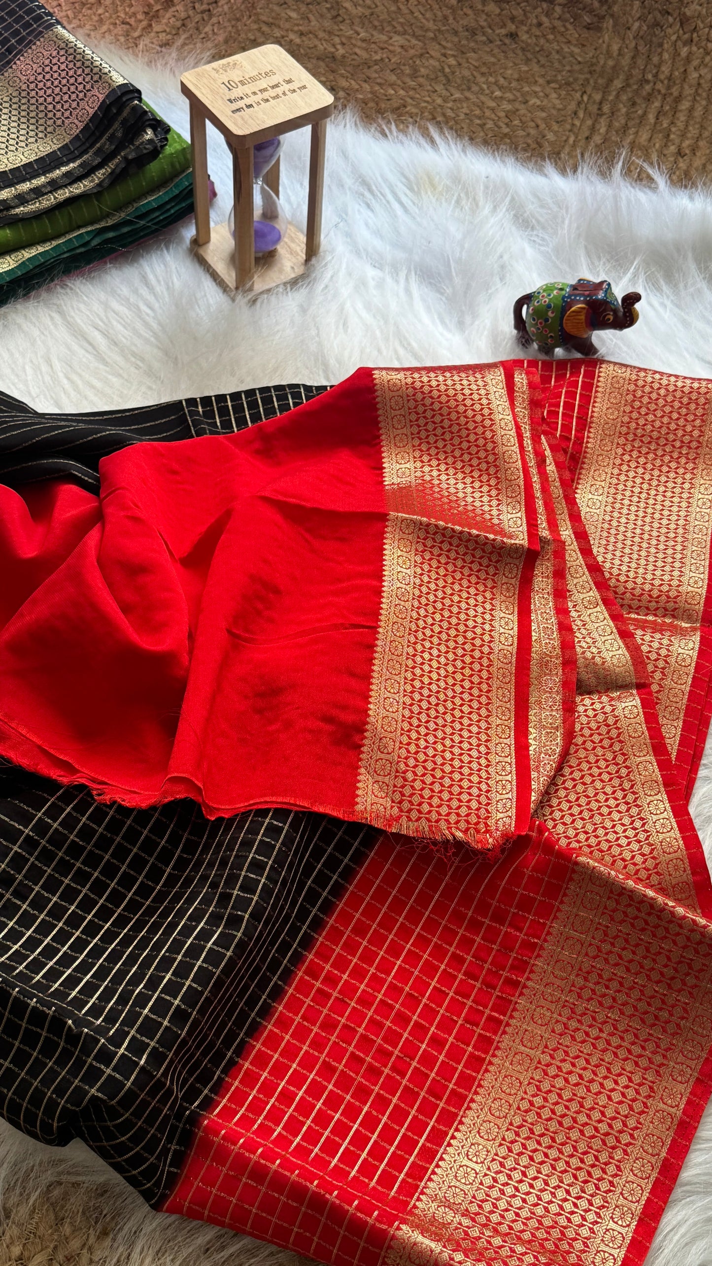 Semi Mysore Silk Saree - Checks and Stripes - Black and Red