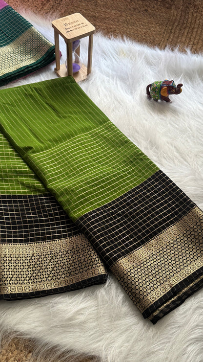 Semi Mysore Silk Saree - Checks and Stripes - Green and Black