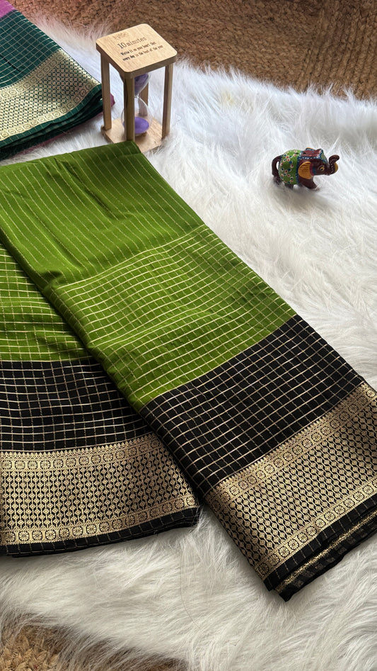 Semi Mysore Silk Saree - Checks and Stripes - Green and Black