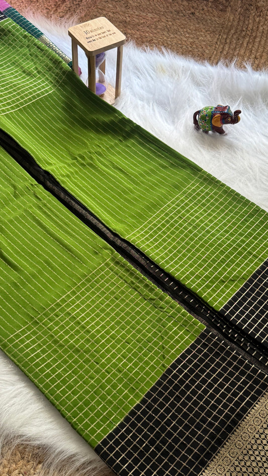 Semi Mysore Silk Saree - Checks and Stripes - Green and Black