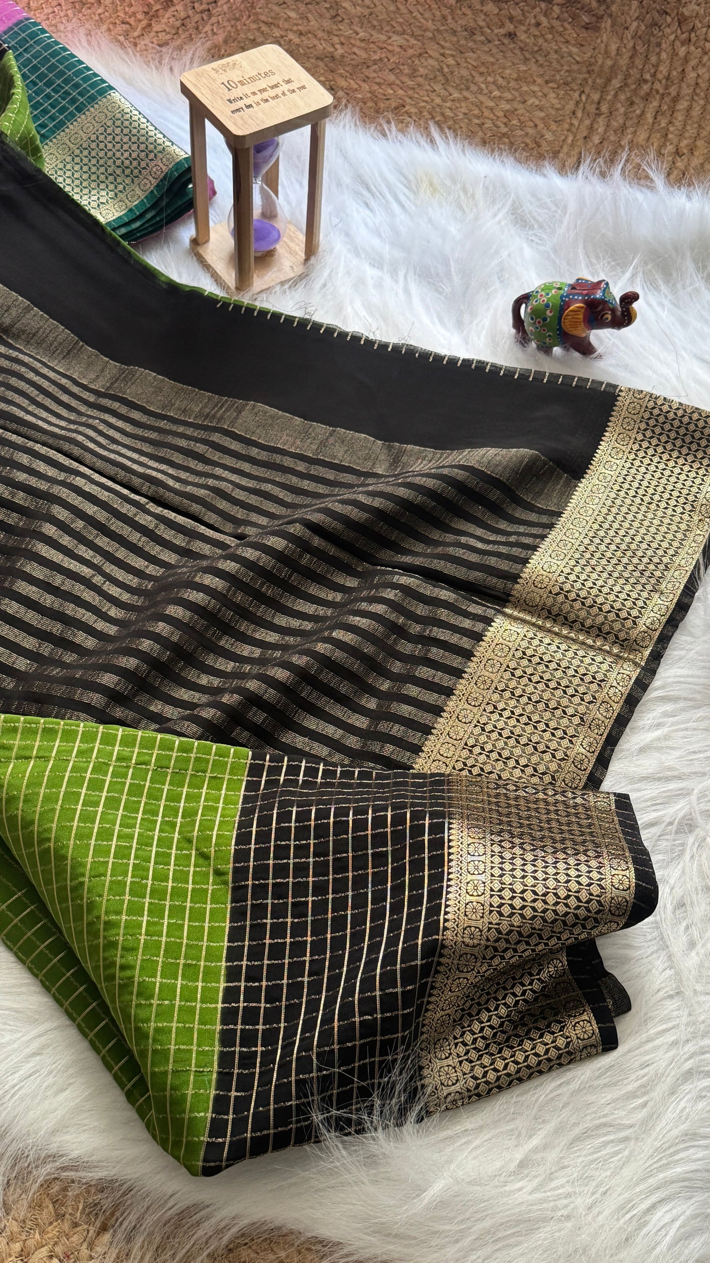 Semi Mysore Silk Saree - Checks and Stripes - Green and Black