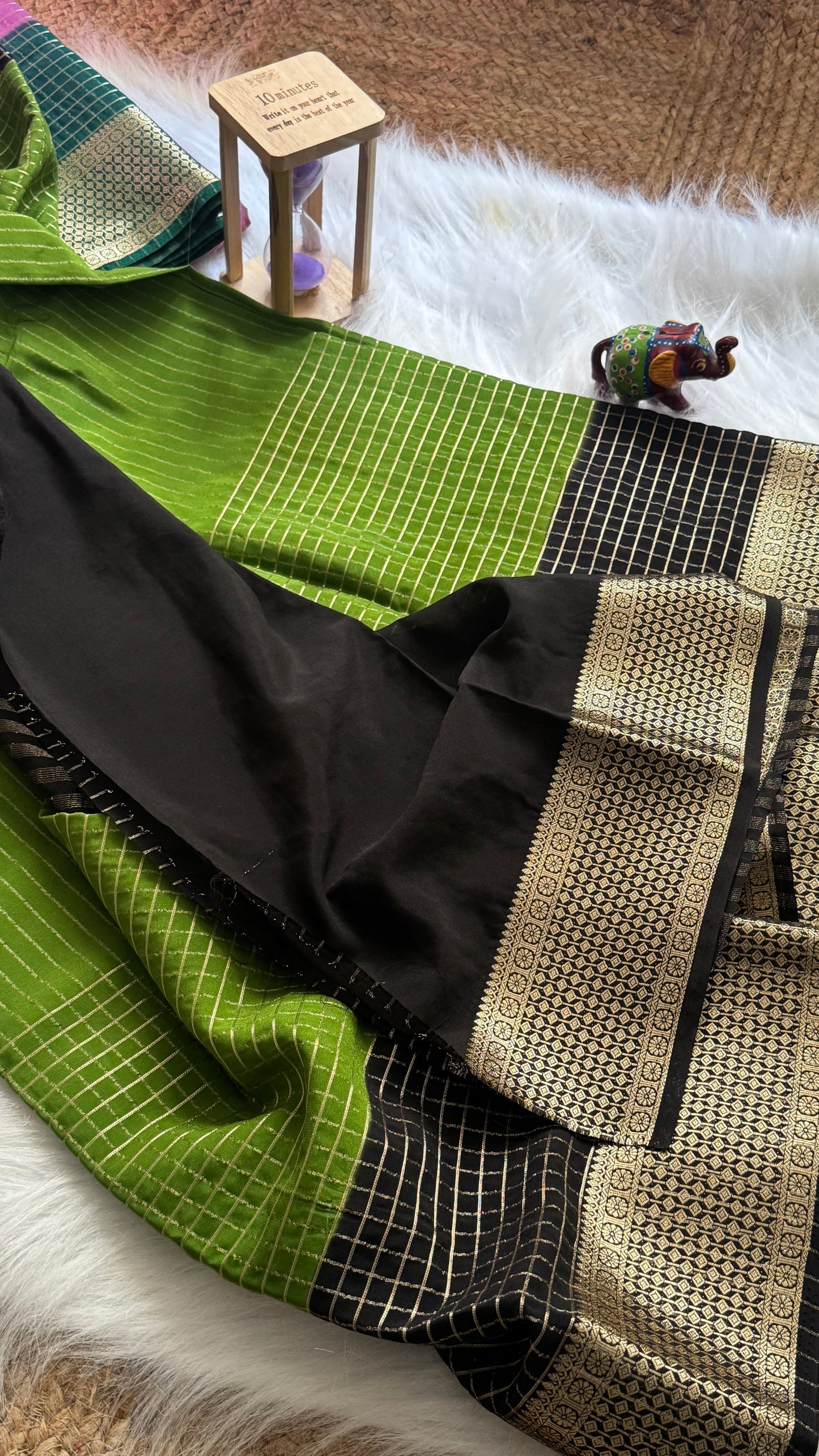 Semi Mysore Silk Saree - Checks and Stripes - Green and Black
