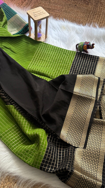Semi Mysore Silk Saree - Checks and Stripes - Green and Black