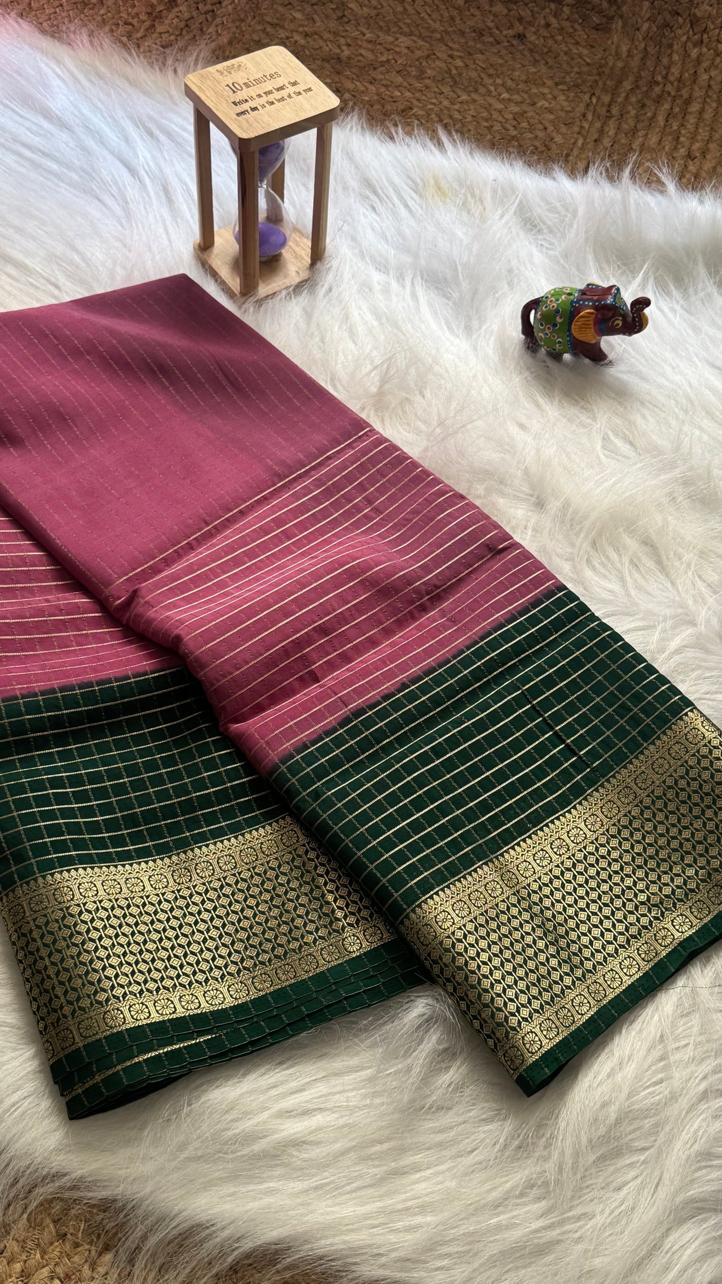 Semi Mysore Silk Saree - Checks and Stripes - Pink (Rose) and Green