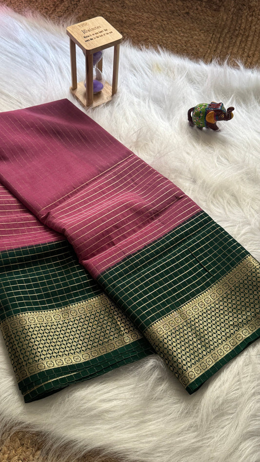 Semi Mysore Silk Saree - Checks and Stripes - Pink (Rose) and Green