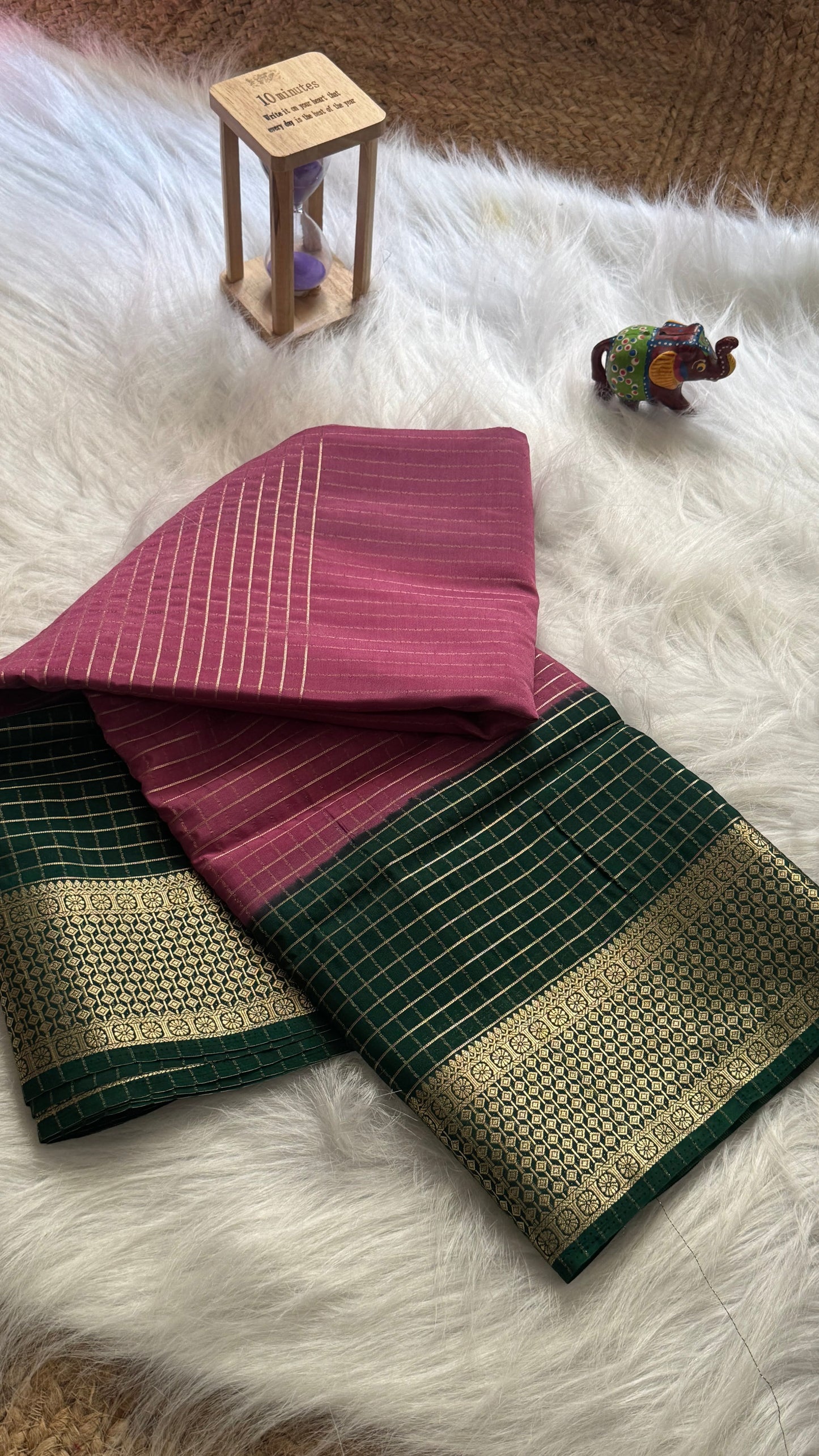 Semi Mysore Silk Saree - Checks and Stripes - Pink (Rose) and Green