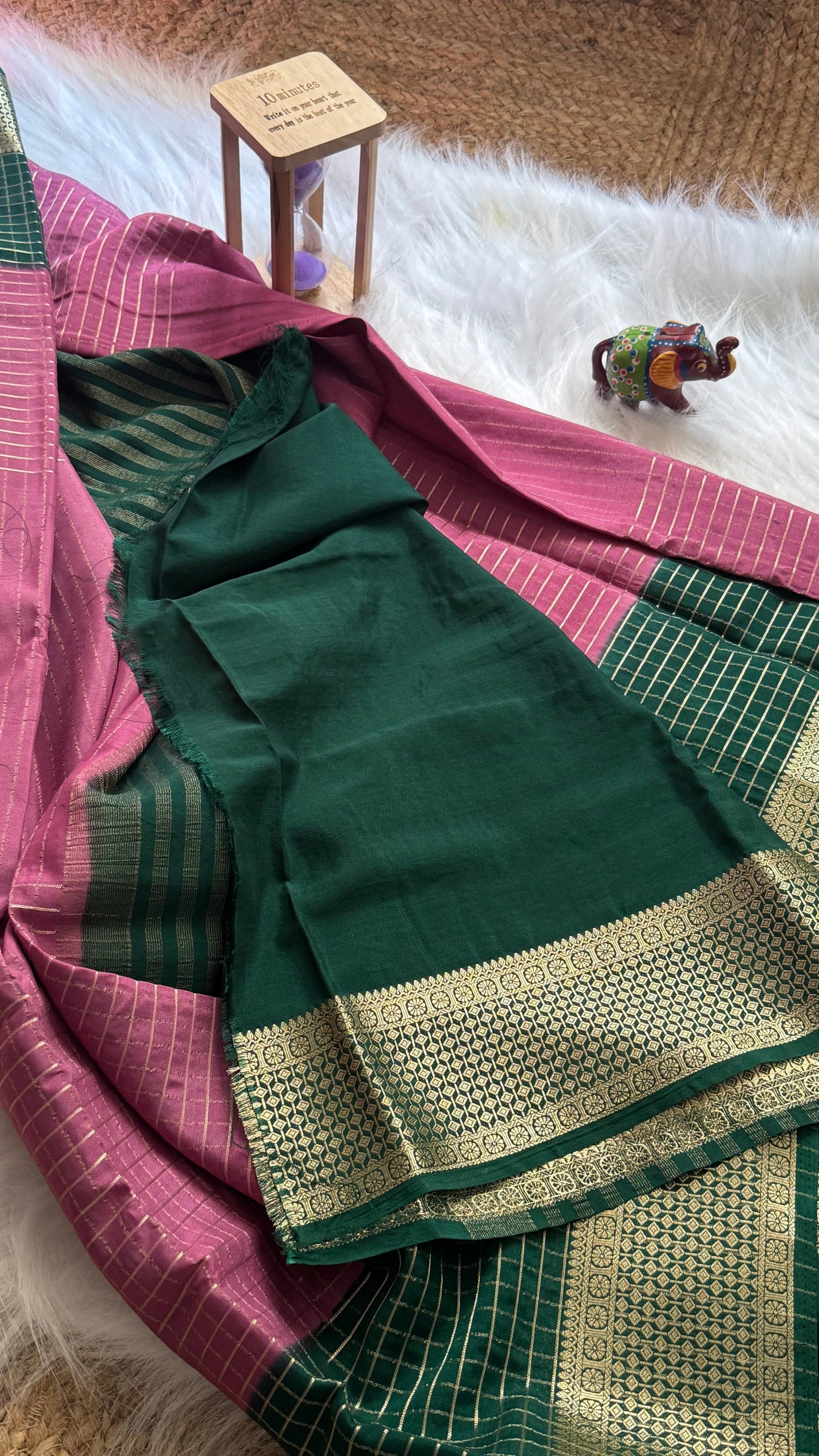 Semi Mysore Silk Saree - Checks and Stripes - Pink (Rose) and Green