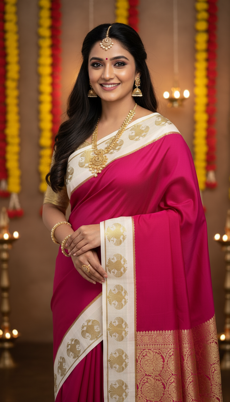 Pure Mysore Silk Saree - GandaBerunda Boarder Pink & Cream