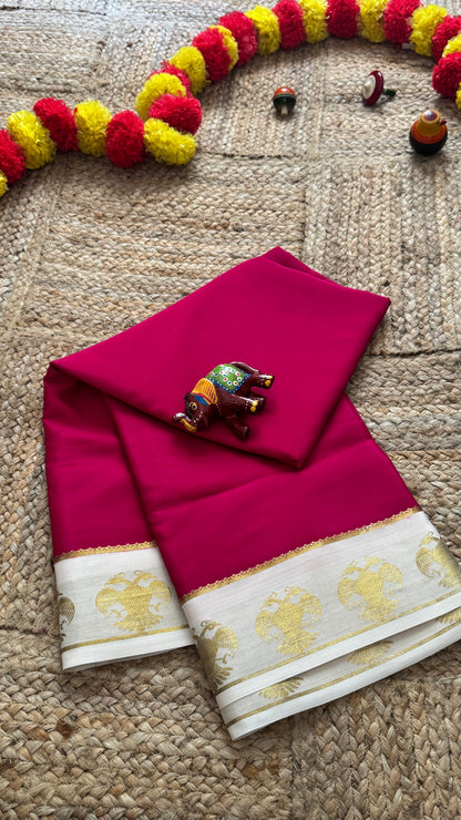Pure Mysore Silk Saree - GandaBerunda Boarder Pink & Cream