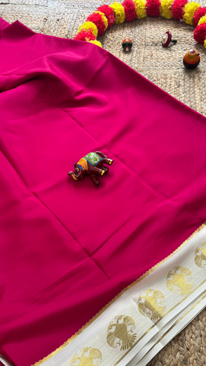 Pure Mysore Silk Saree - GandaBerunda Boarder Pink & Cream