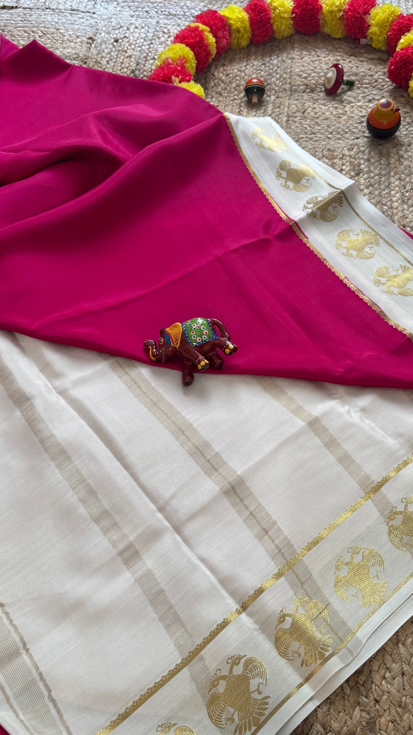 Pure Mysore Silk Saree - GandaBerunda Boarder Pink & Cream