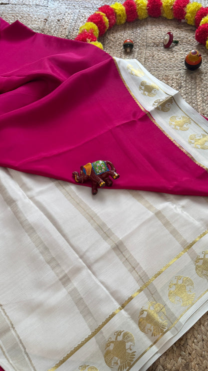 Pure Mysore Silk Saree - GandaBerunda Boarder Pink & Cream