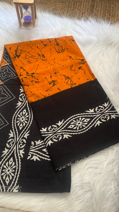 Mul Mul Cotton Sarees - Orange & Black