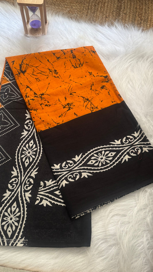 Mul Mul Cotton Sarees - Orange & Black