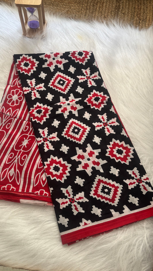Mul Mul Cotton Sarees - Black and Pink