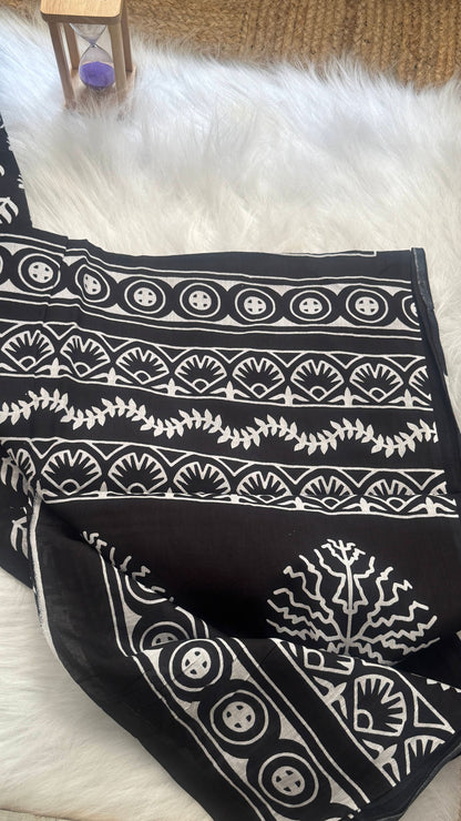 Mul Mul Cotton Sarees - Black and White