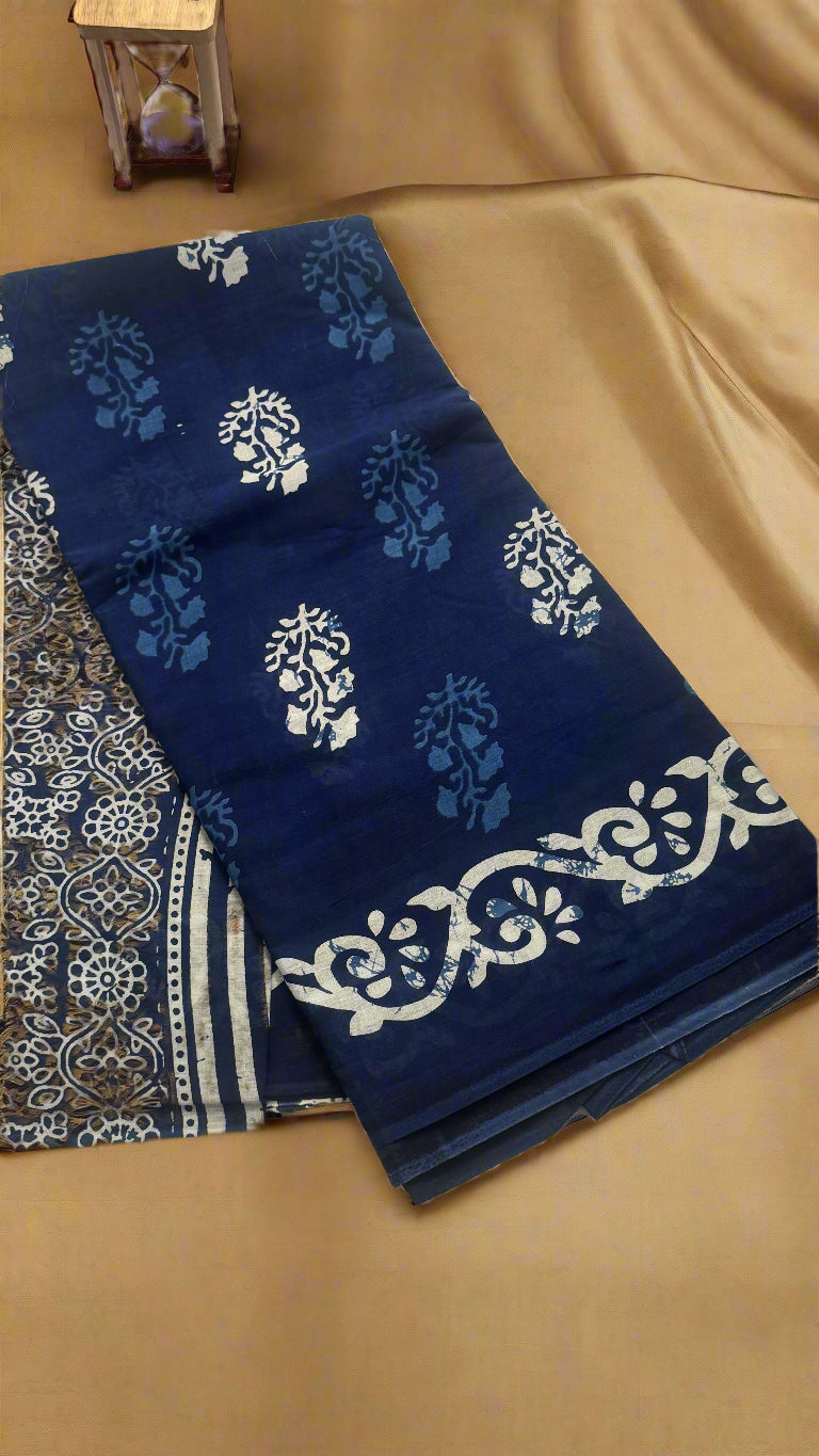 Mul Mul Cotton Sarees - Blue and White