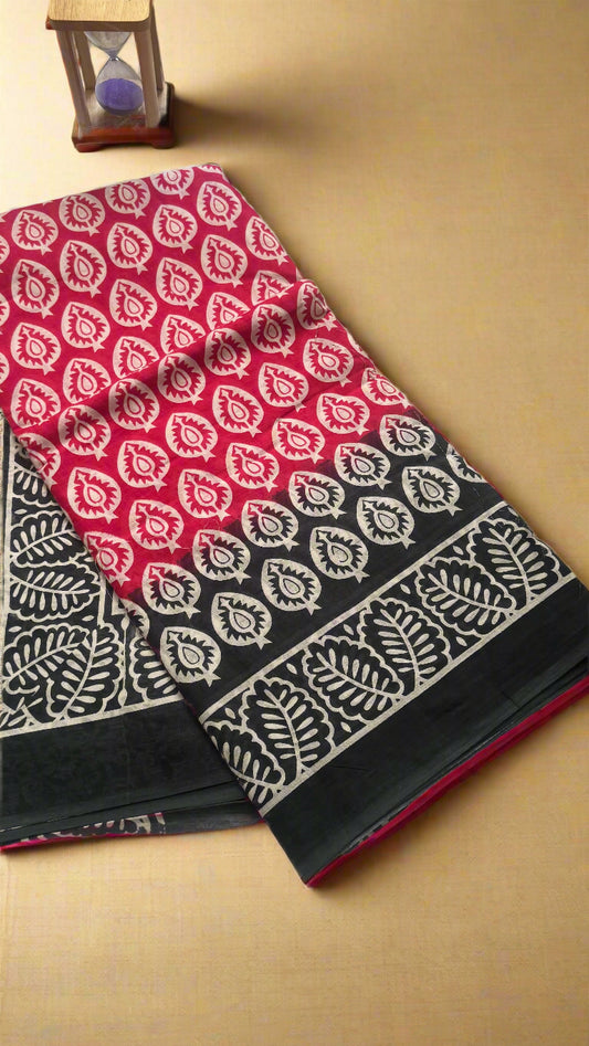 Mul Mul Cotton Sarees -  Black and Light Pink
