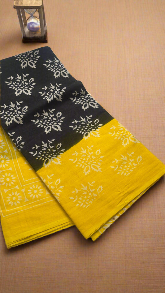 Mul Mul Cotton Sarees -  Black and Yellow