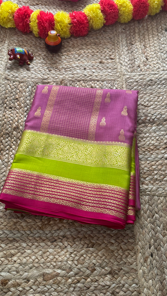 Pure Mysore Silk Saree - Jhumka Zari 3D Mauve Green and Pink
