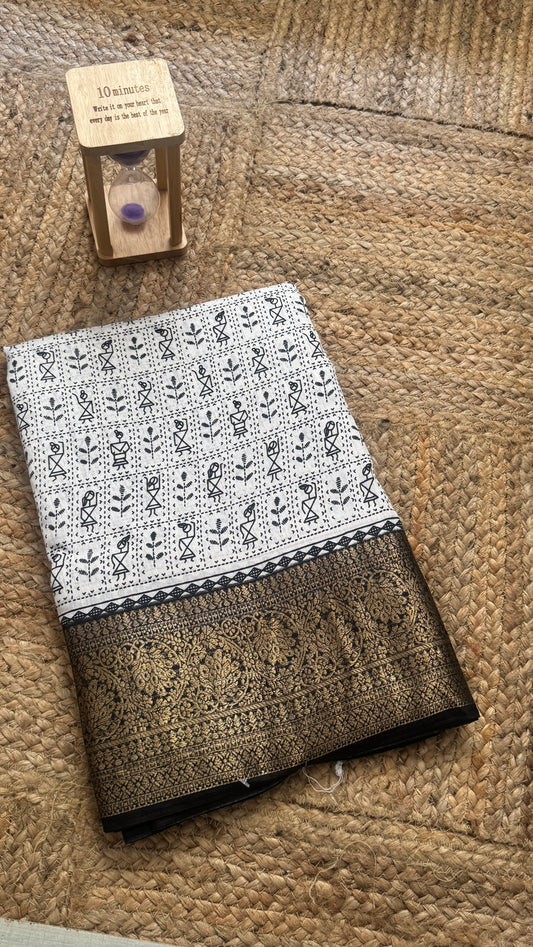 Dola Silk Jacquard Sarees - White with varli prints