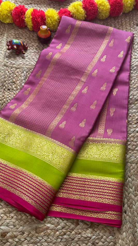 Pure Mysore Silk Saree - Jhumka Zari 3D Mauve Green and Pink