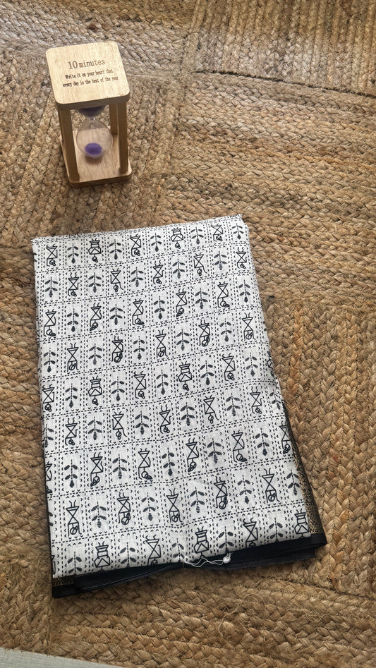 Dola Silk Jacquard Sarees - White with varli prints