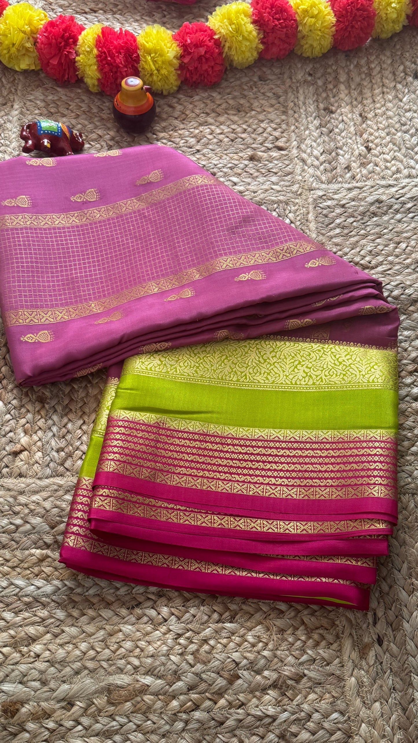 Pure Mysore Silk Saree - Jhumka Zari 3D Mauve Green and Pink