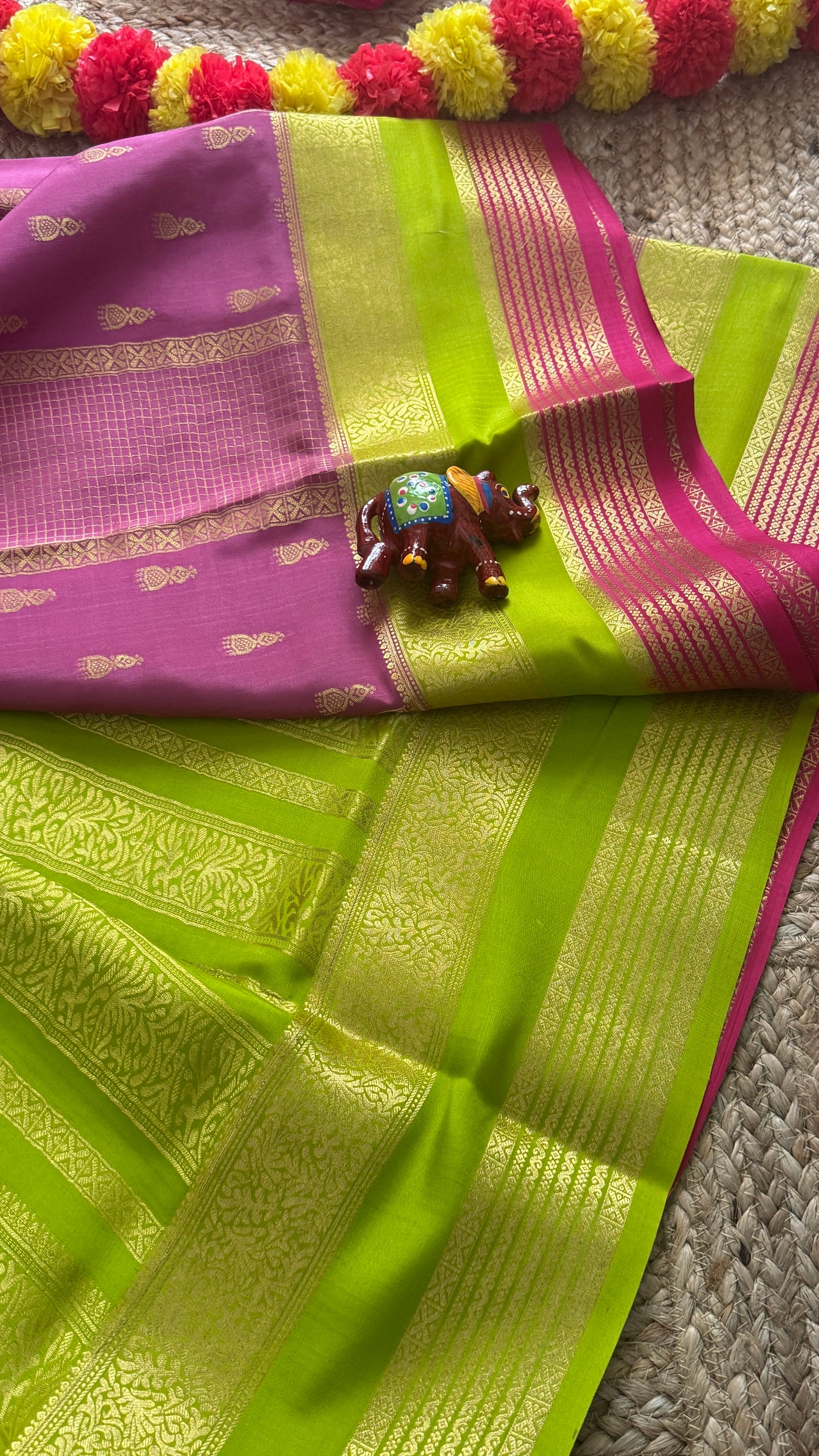 Pure Mysore Silk Saree - Jhumka Zari 3D Mauve Green and Pink