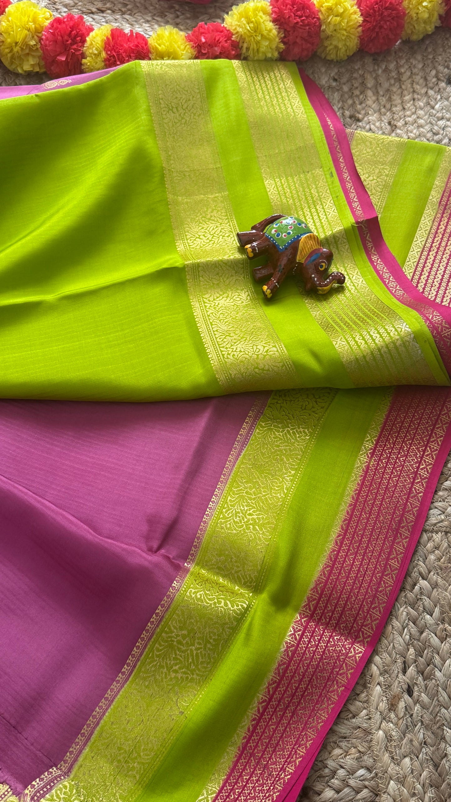 Pure Mysore Silk Saree - Jhumka Zari 3D Mauve Green and Pink