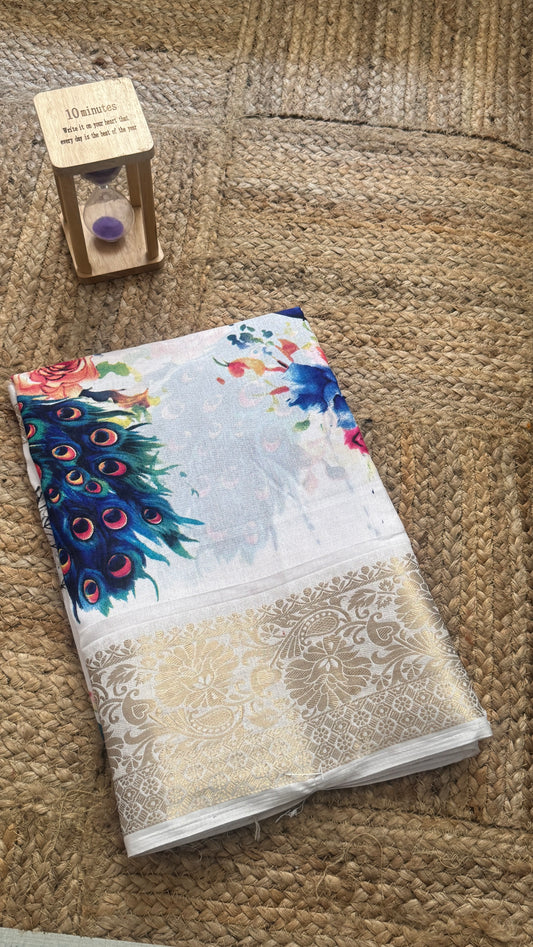 Dola Silk Jacquard Sarees - White with peacock print