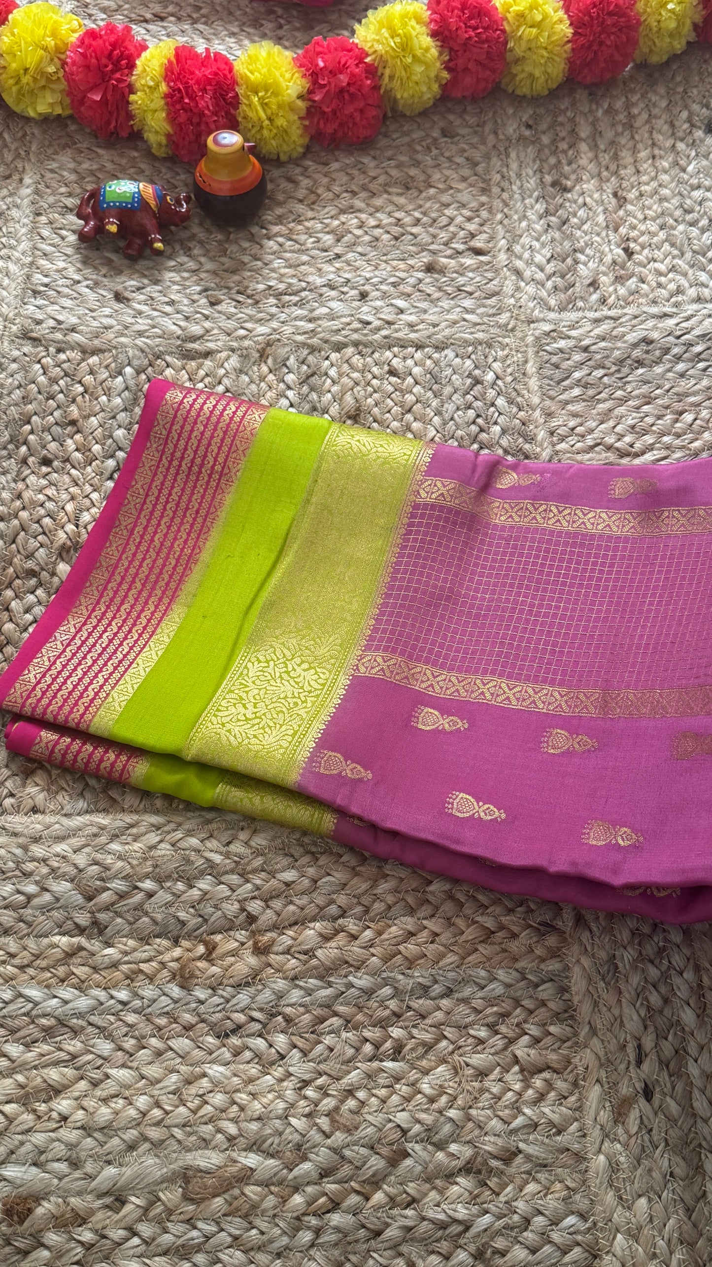 Pure Mysore Silk Saree - Jhumka Zari 3D Mauve Green and Pink