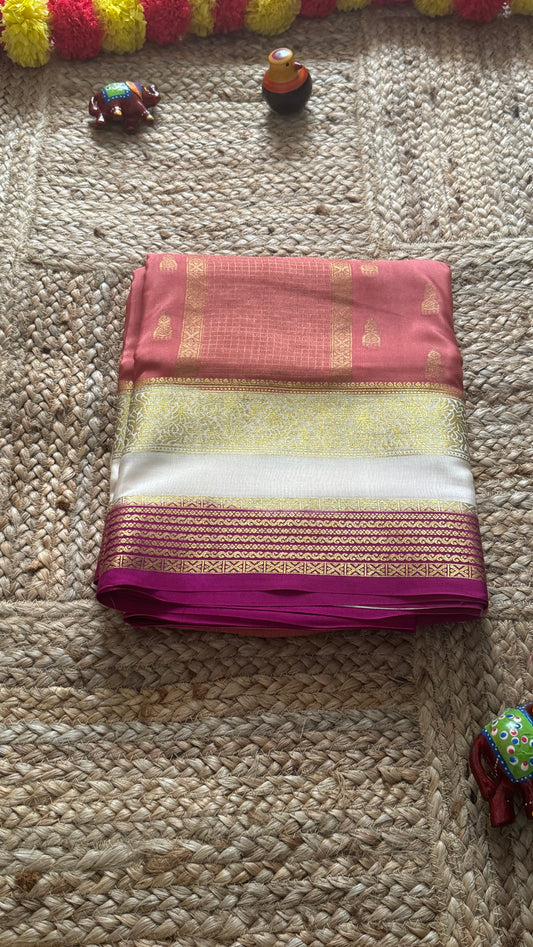 Pure Mysore Silk Saree - Jhumka Zari 3D Peach White and Pink