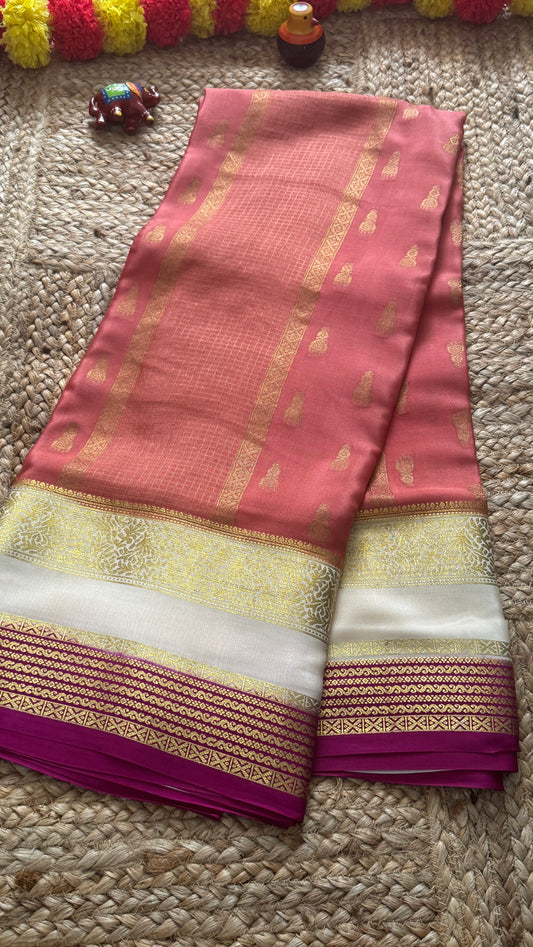 Pure Mysore Silk Saree - Jhumka Zari 3D Peach White and Pink