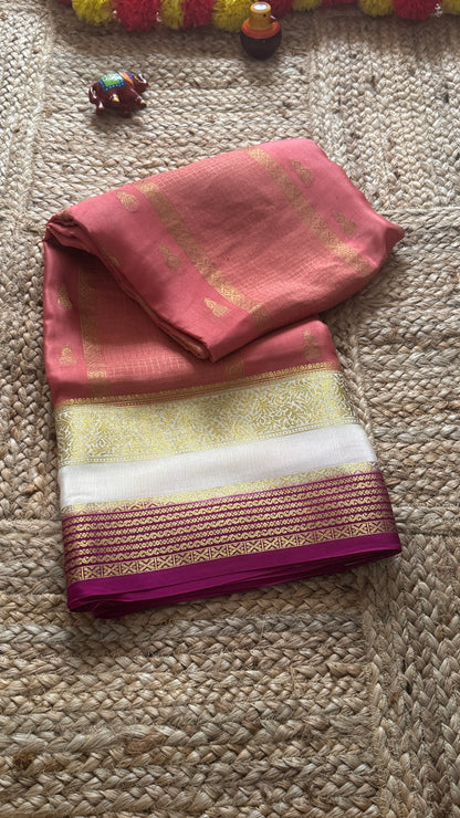 Pure Mysore Silk Saree - Jhumka Zari 3D Peach White and Pink