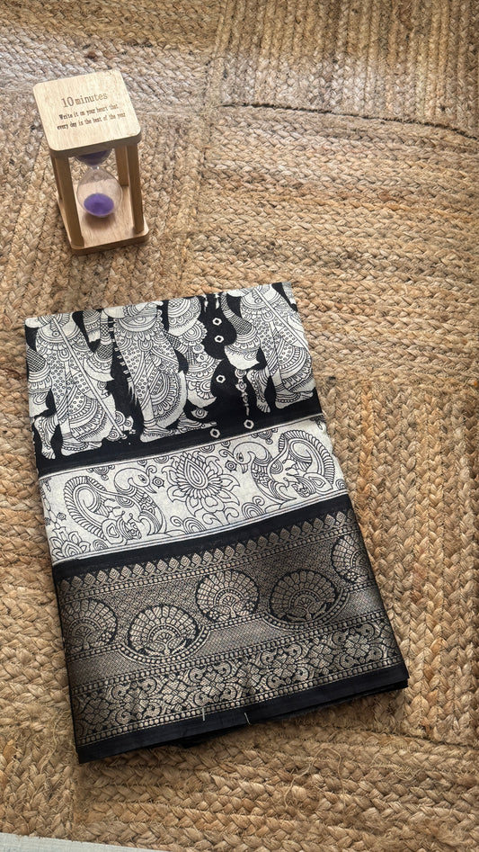 Dola Silk Jacquard Sarees - Black & White with print