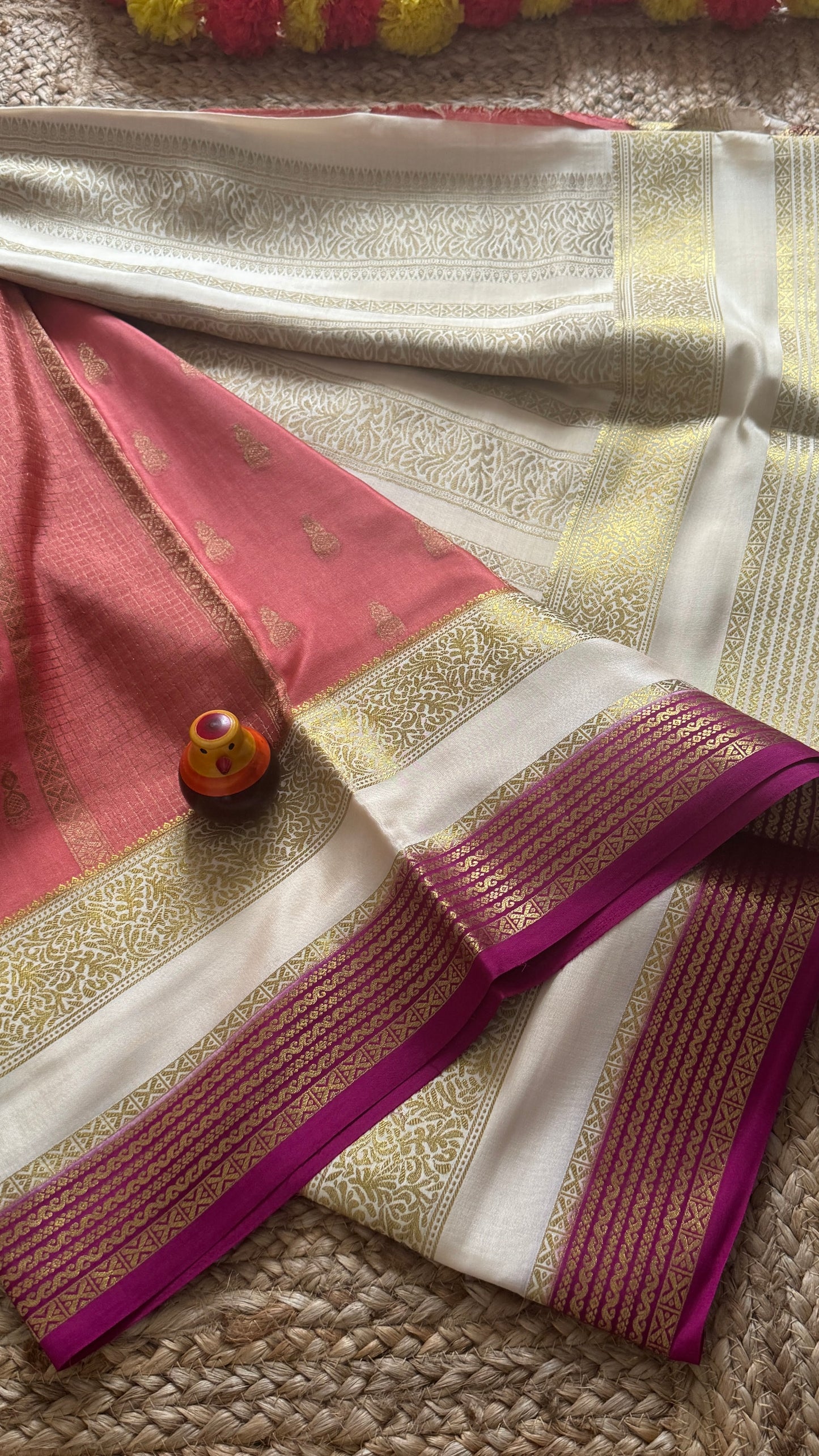Pure Mysore Silk Saree - Jhumka Zari 3D Peach White and Pink