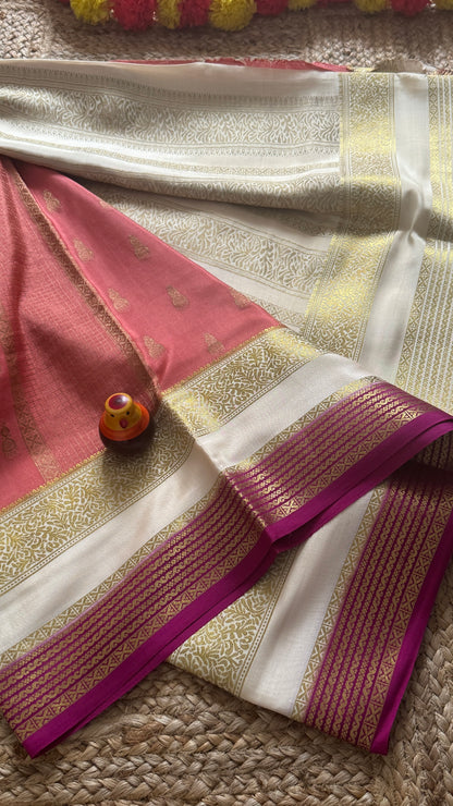 Pure Mysore Silk Saree - Jhumka Zari 3D Peach White and Pink