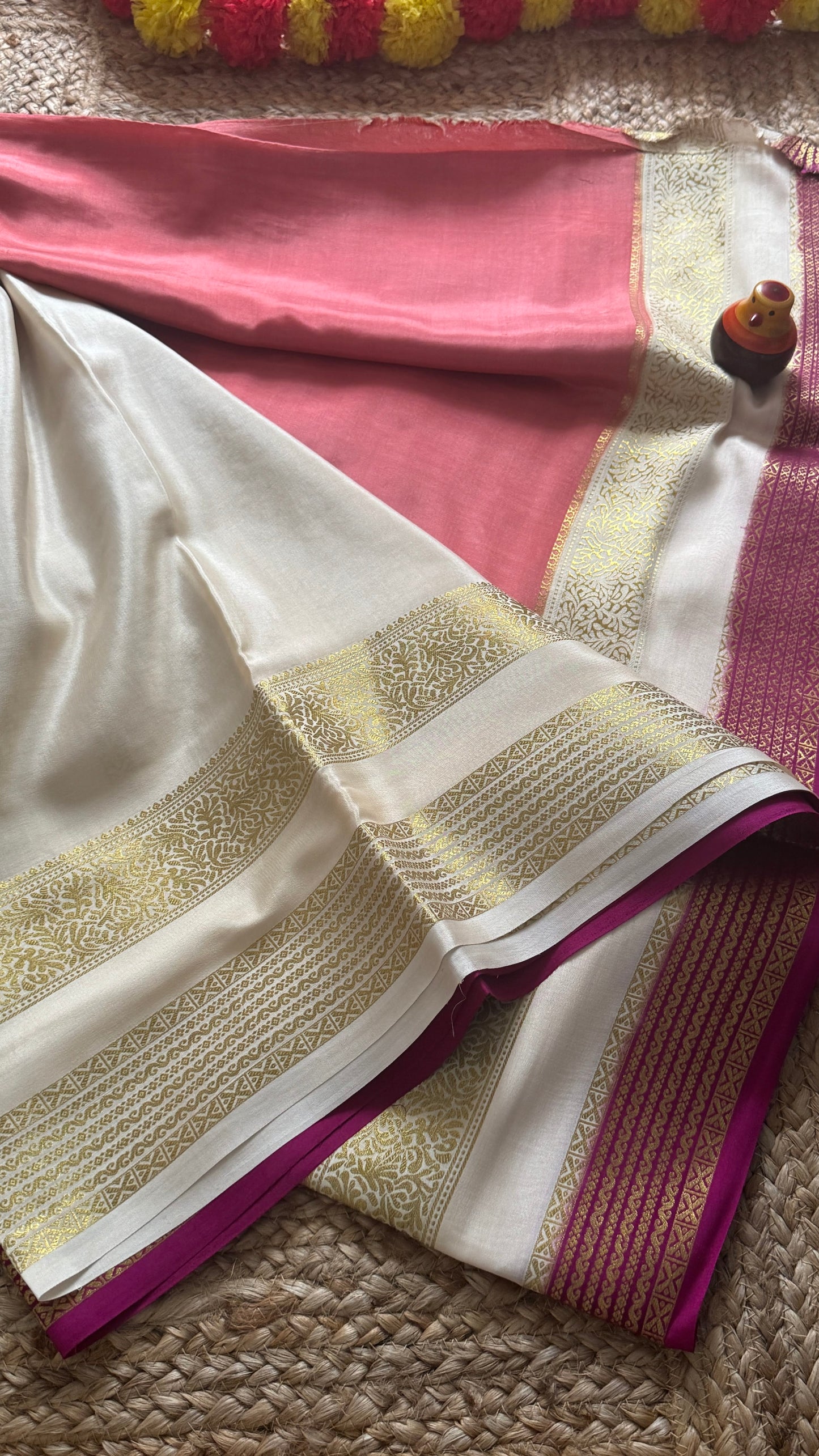 Pure Mysore Silk Saree - Jhumka Zari 3D Peach White and Pink