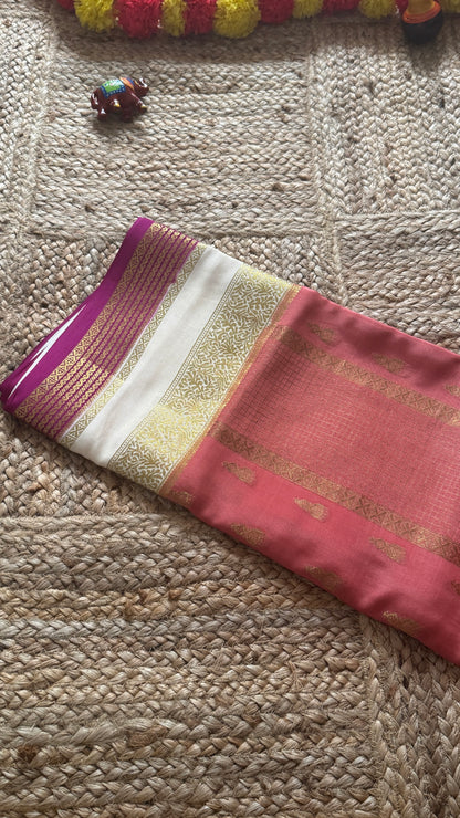Pure Mysore Silk Saree - Jhumka Zari 3D Peach White and Pink