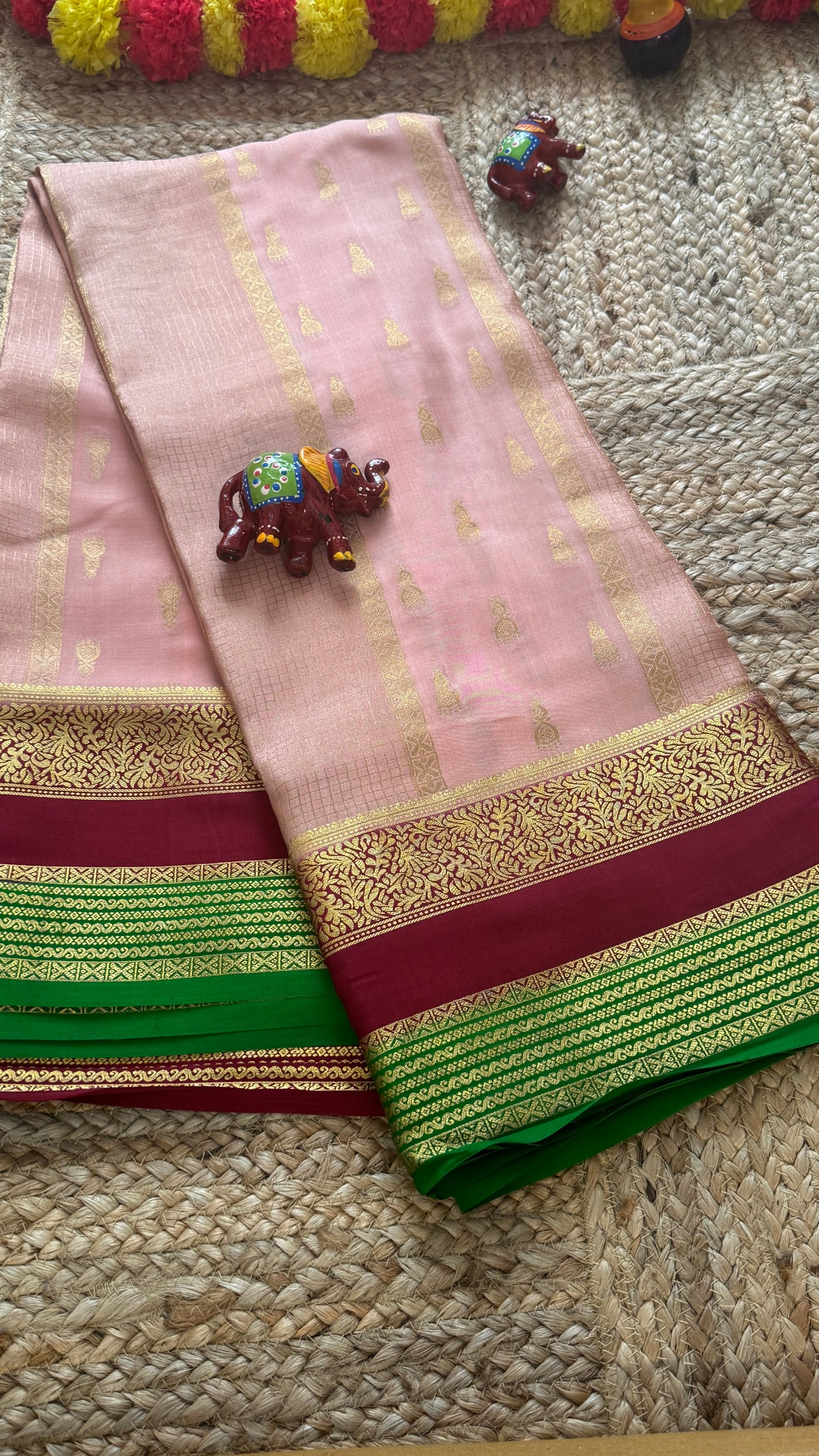 Pure Mysore Silk Saree - Jhumka Zari 3D Light Pink Maroon and Green