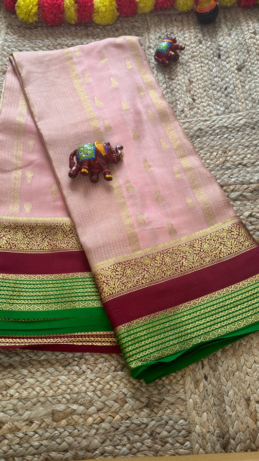 Pure Mysore Silk Saree - Jhumka Zari 3D Light Pink Maroon and Green