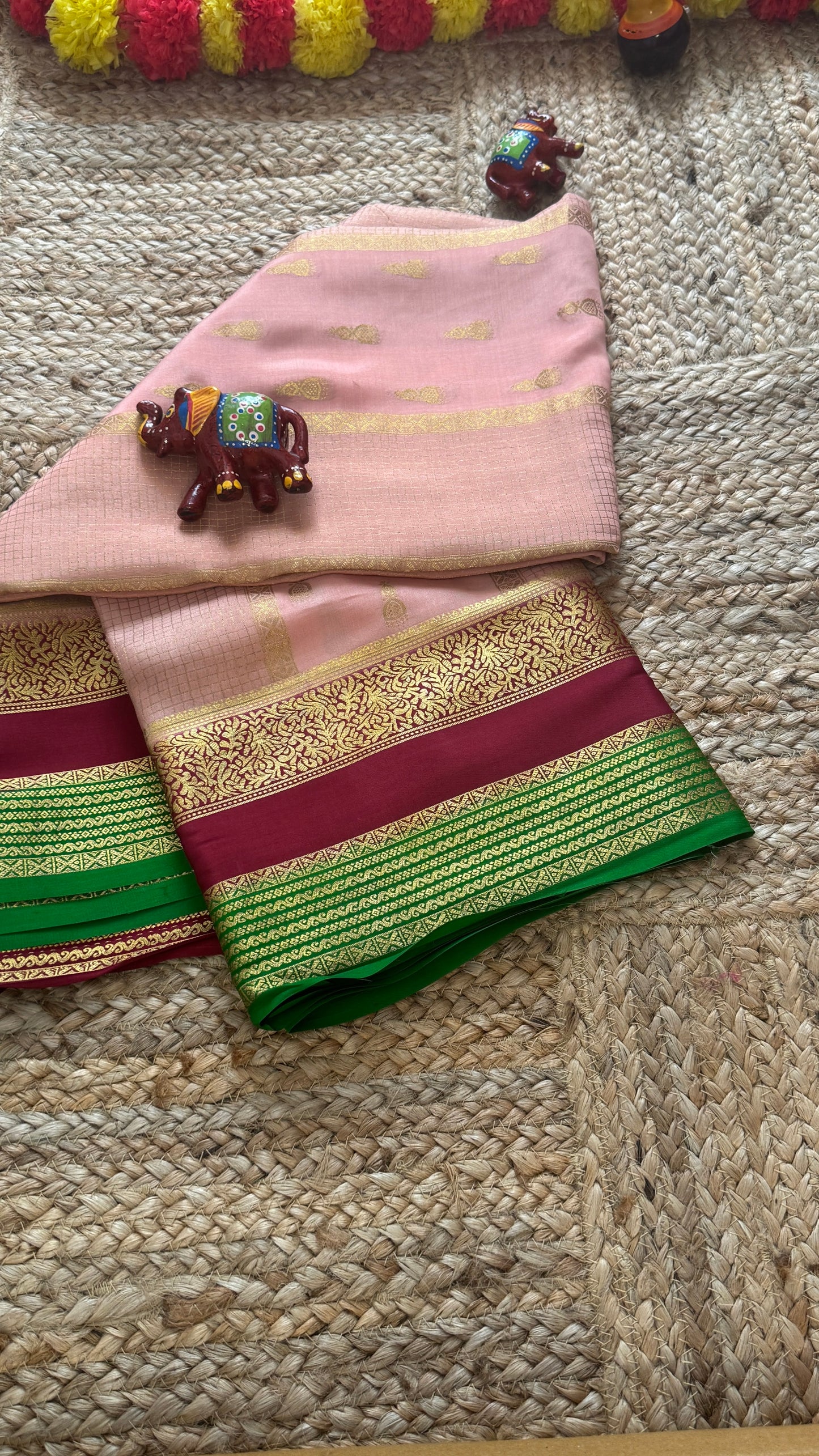 Pure Mysore Silk Saree - Jhumka Zari 3D Light Pink Maroon and Green