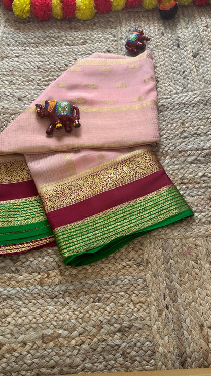 Pure Mysore Silk Saree - Jhumka Zari 3D Light Pink Maroon and Green